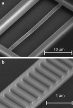 (Top) A scanning electron micrograph of the optomechanical crystal. (Bottom) A closer view of the device’s nanobeam